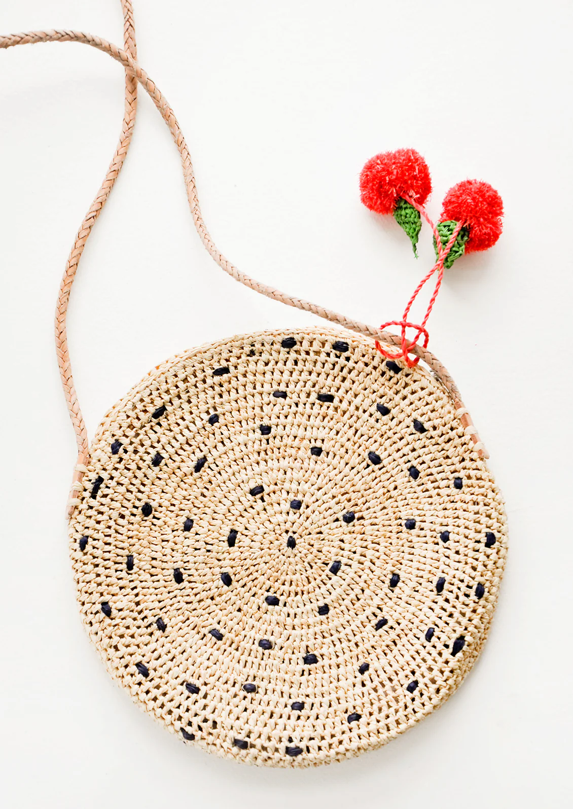 Fruit Pom Straw Crossbody Bag