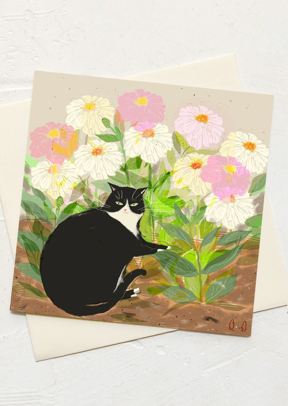 Cat With Zinnias Card